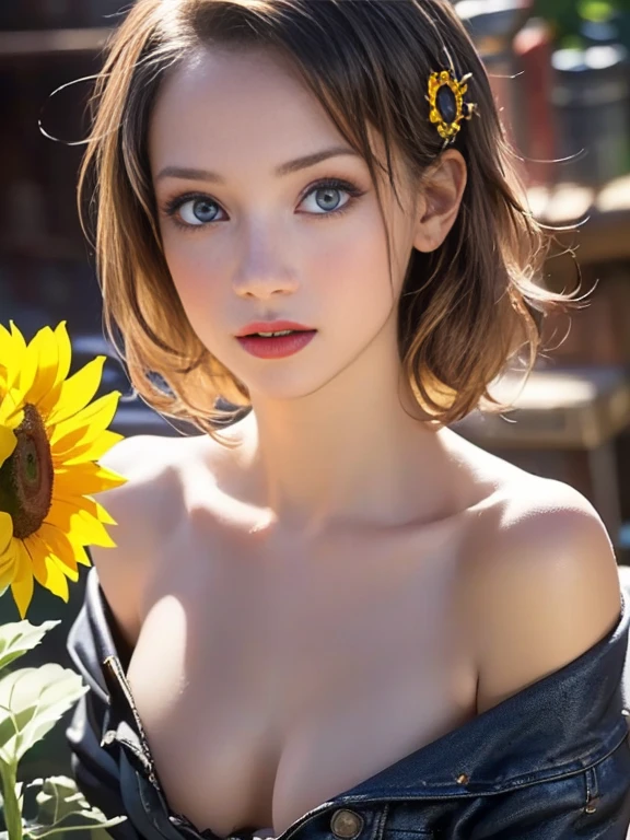 (best quality, 8k, highres, photorealistic:2.0), (solo, one girl:2.0),(photo taken using flash:1.9),(brighten up women:1.8),(ultimate beautiful girl:2.0),(shiny skin),(oily skin),(blonde hair:1.7),(short hairstyle:1.5),(cool beauty:2.0),Blush brown makeup , dark eye makeup , use pink glossy lipstick,(big beady eyes girl:1.5),(droopy-eyes girl:1.5),(blue eyes:1.5),(thin girl:1.5),(baby face girl:1.5),(sex appeal:1.3),(sweet smelling girl),(she works for low wages:1.5),(kind-hearted woman:1.5),(she has a nice smile),(woman with a happy look:1.3),(she is very sociable),(from a very poor family:1.5),(virgin girl),(She is a secret pervert.),(she covertly lewd),(she looks so erotic),(Preserve virginity for devout Christians),chuuChloe,(woman with very soft breasts),(woman fantasizing about sex),(allurement),(impressive eyes:1.5),(clean girl),(affability),(cute smile),(good personality),(puff out chest),(serious personality),(wants sex),(want to masturbate),(want to have sex forcibly),(insists on the chest),(Big nipples hard erect inside clothes),(relaxing time),(hair ornaments),(sunflower),(Private room),(compassion),(impurity),(love filled),(Changing clothes),(get horny),dragon quest female warrior costume play:1.5)