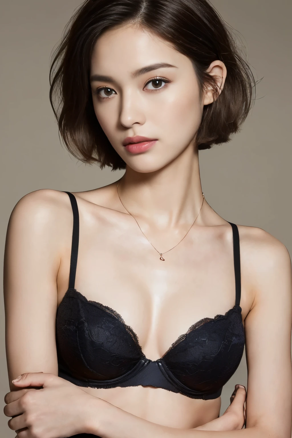 ((top-quality、8K、​masterpiece: 1.erfect Body Beauty: 1.4、Slender Abs: 1.2、Beautiful woman with slender abs:1.3、(Highlight Haircutreast B Cup:1.2), medium breast, round shape breast, perfect shape breast, ( portrait photography, studio light, ),  blazer and black bra, necklace, headphone, hyperdetailed face、18year old、 Pretty women、(Dark brown short-cut hair), Slim Face、Highly detailed facial and skin texture、very detailed lips、opens legs、top-quality、​masterpiece、超A high resolution、(Photorealsitic:1.4), walked forward confidently, long shot , solid color background