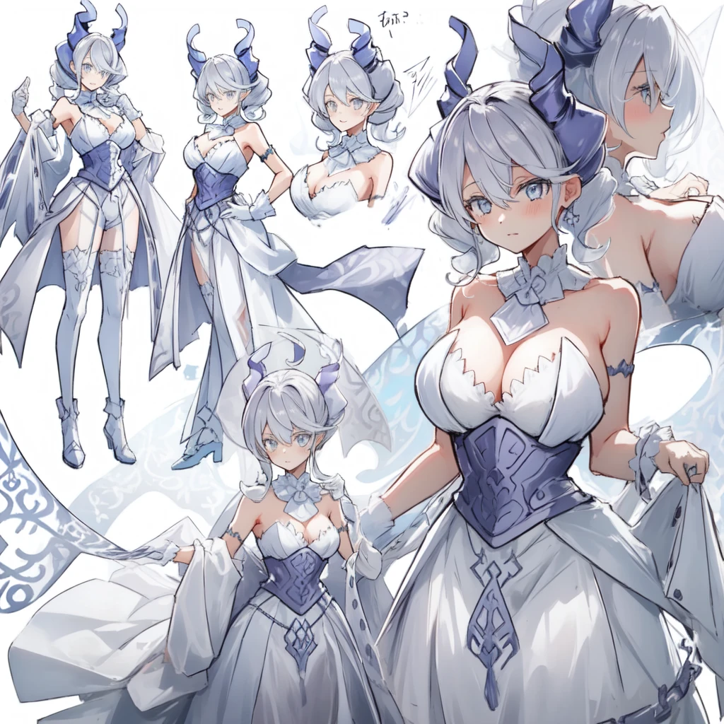 One girl, labrynth, Silver Hair, Grey Eyes, big breasts, horn, Cleavage, silver castle, Exquisite, blush, Nervous,Cowboy Shot, ,High quality generation of dark female characters, Unreasonable,Her figure is terribly beautiful, Emphasizing the dark and crazy elements. Skillfully expressing the effects of light and shadow, detailed, The face and expression are carefully drawn.., Artistic elements add depth to the work, With a unique artistic touch. This film is visually stimulating and aesthetically pleasing.,sketch (Character design sheet, same characters, whole body, Three-View, front, ~ ~ side, return), alone,Background white, Setting picture