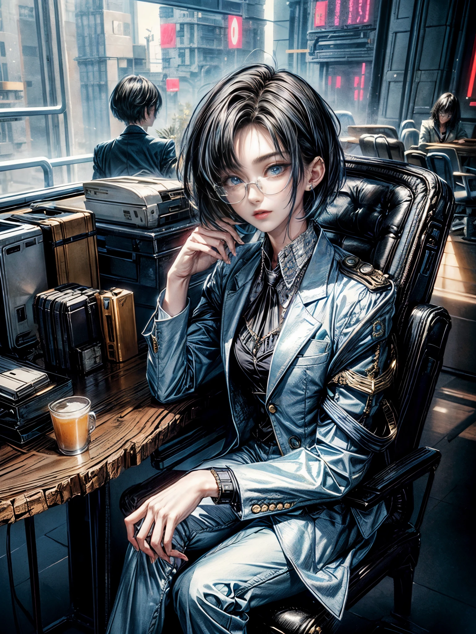 Cinema Lighting、highest quality,Cyberpunk World、1 female、(Beautiful 25 year old woman、short hair、Black Hair、Shoulder-length hair、blue eyes:1.4)smile、break,short hair、break.Office style break
(Light Blue Blazer:1.4) Paired with (Off-white slim pants:1.2) and (Frilled shirt👔:1.2)
break.(Sunny Morning、Stylish and futuristic hall venue、Podium Table)(Glasses on the table:1.2)
