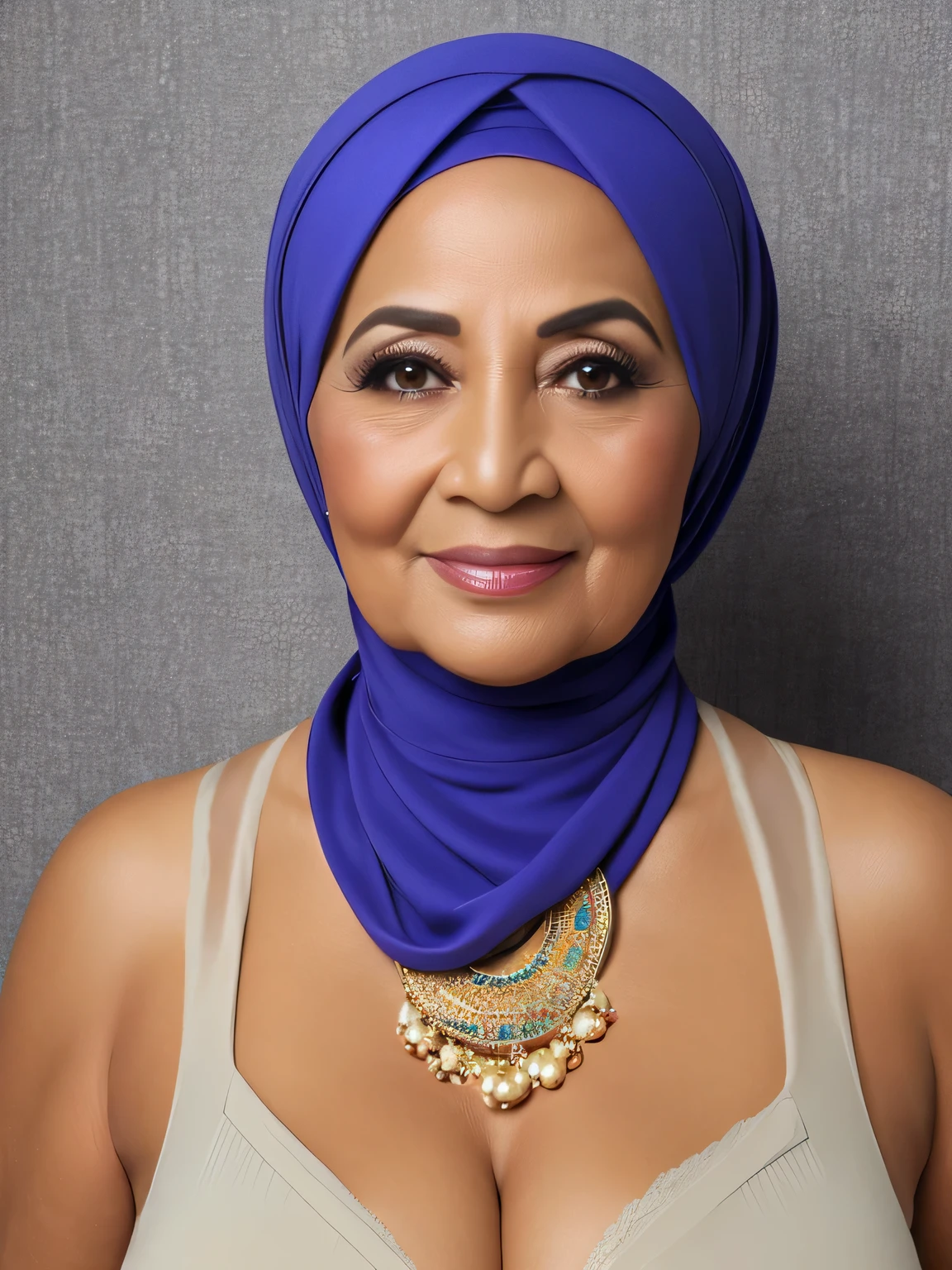 (masterpiece) (Little wringkled old face) (chubby body shape) (half body portrait) 62 Years old Brunei mature woman, Egyptian look wearing elegant Hijab, (gorgeus eyes) natural saggy big breast : 4, eearing sexy lingerie, semi nude, Soft smile, golden necklace, professional photography with excellent lighting, 