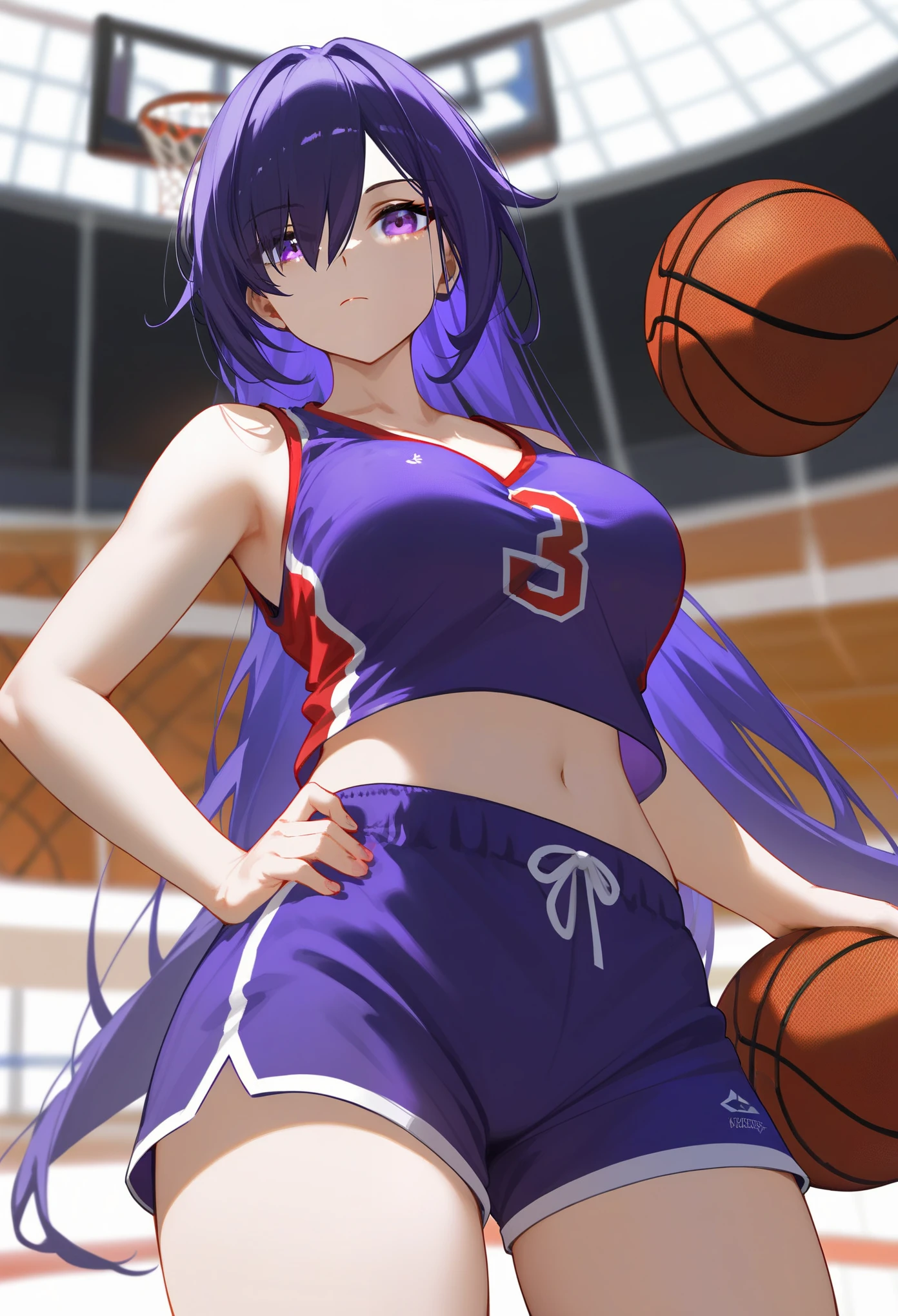 (score_9,score_8_up,score_7_up),mature girl, milf,looking at viewer, expressionless,
basketball uniform, shorts, purple tank top, purple shorts, closed mouth,
blurry, collarbone, basketball stadium, standing, contrapposto, holding basketball, 
cowboy shot,low angle,ground level, long hair, dark purple hair, purple eyes, hair over one eye, huangquan, acheron \(honkai: star rail\), 1girl, solo, midriff,