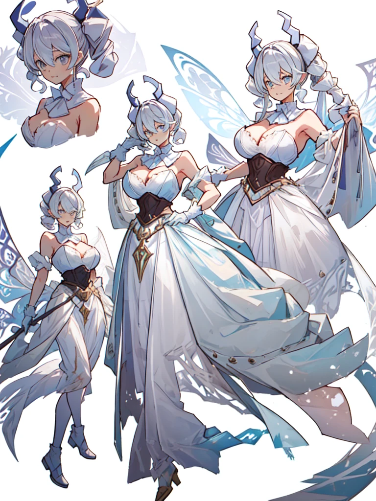One girl, labrynth, Silver Hair, Grey Eyes, big breasts, horn, Cleavage, silver castle, Exquisite, blush, Nervous,Cowboy Shot, ,High quality generation of dark female characters, Unreasonable,Her figure is terribly beautiful, Emphasizing the dark and crazy elements. Skillfully expressing the effects of light and shadow, detailed, The face and expression are carefully drawn.., Artistic elements add depth to the work, With a unique artistic touch. This film is visually stimulating and aesthetically pleasing.,sketch (Character design sheet, same characters, whole body, Three-View, front, ~ ~ side, return), alone,Background white, Setting picture