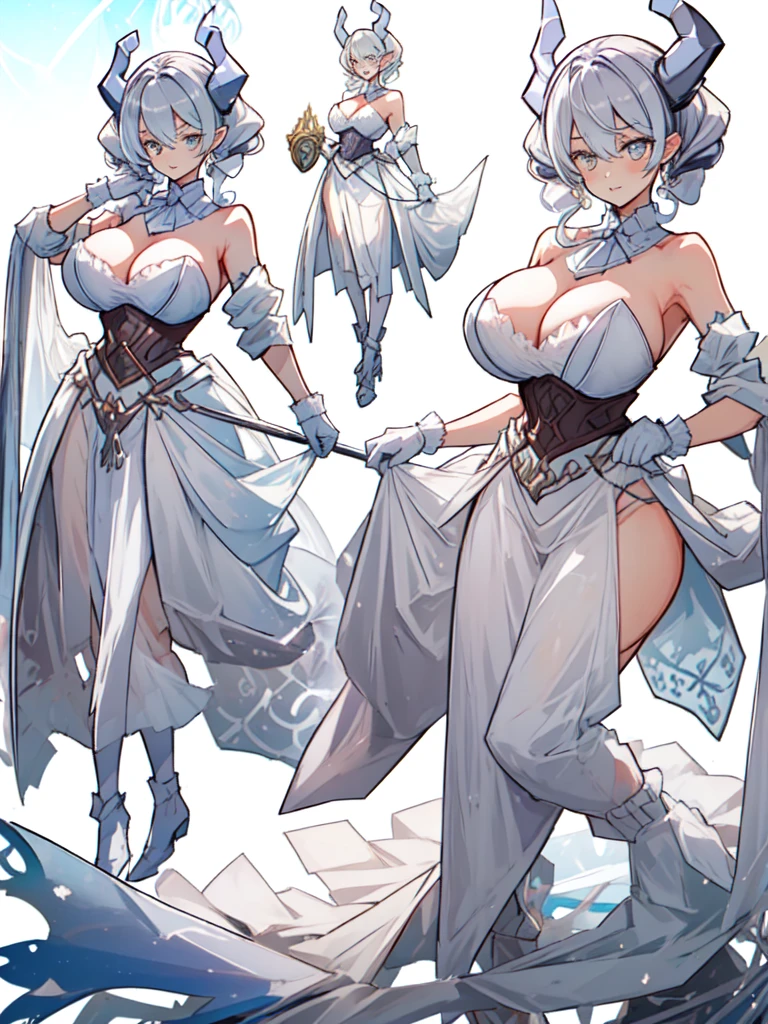 One girl, labrynth, Silver Hair, Grey Eyes, big breasts, horn, Cleavage, silver castle, Exquisite, blush, Nervous,Cowboy Shot, ,High quality generation of dark female characters, Unreasonable,Her figure is terribly beautiful, Emphasizing the dark and crazy elements. Skillfully expressing the effects of light and shadow, detailed, The face and expression are carefully drawn.., Artistic elements add depth to the work, With a unique artistic touch. This film is visually stimulating and aesthetically pleasing.,sketch (Character design sheet, same characters, whole body, Three-View, front, ~ ~ side, return), alone,Background white, Setting picture