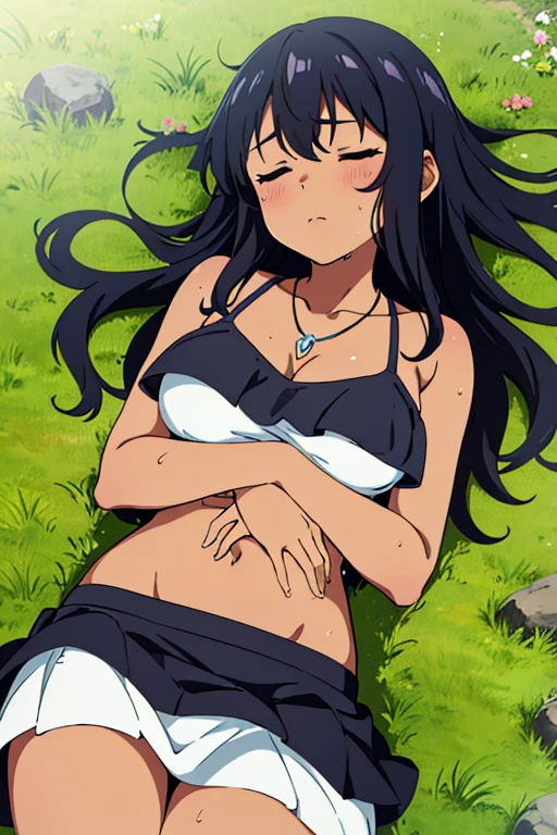 light dark skinned anime girl, dressed in a cute bikini top and flowy skirt, curled up in a peaceful slumber on a grassy hill, (her hand pressed tightly against her stomach in discomfort), (long black hair), (necklace), (wet sweaty body)