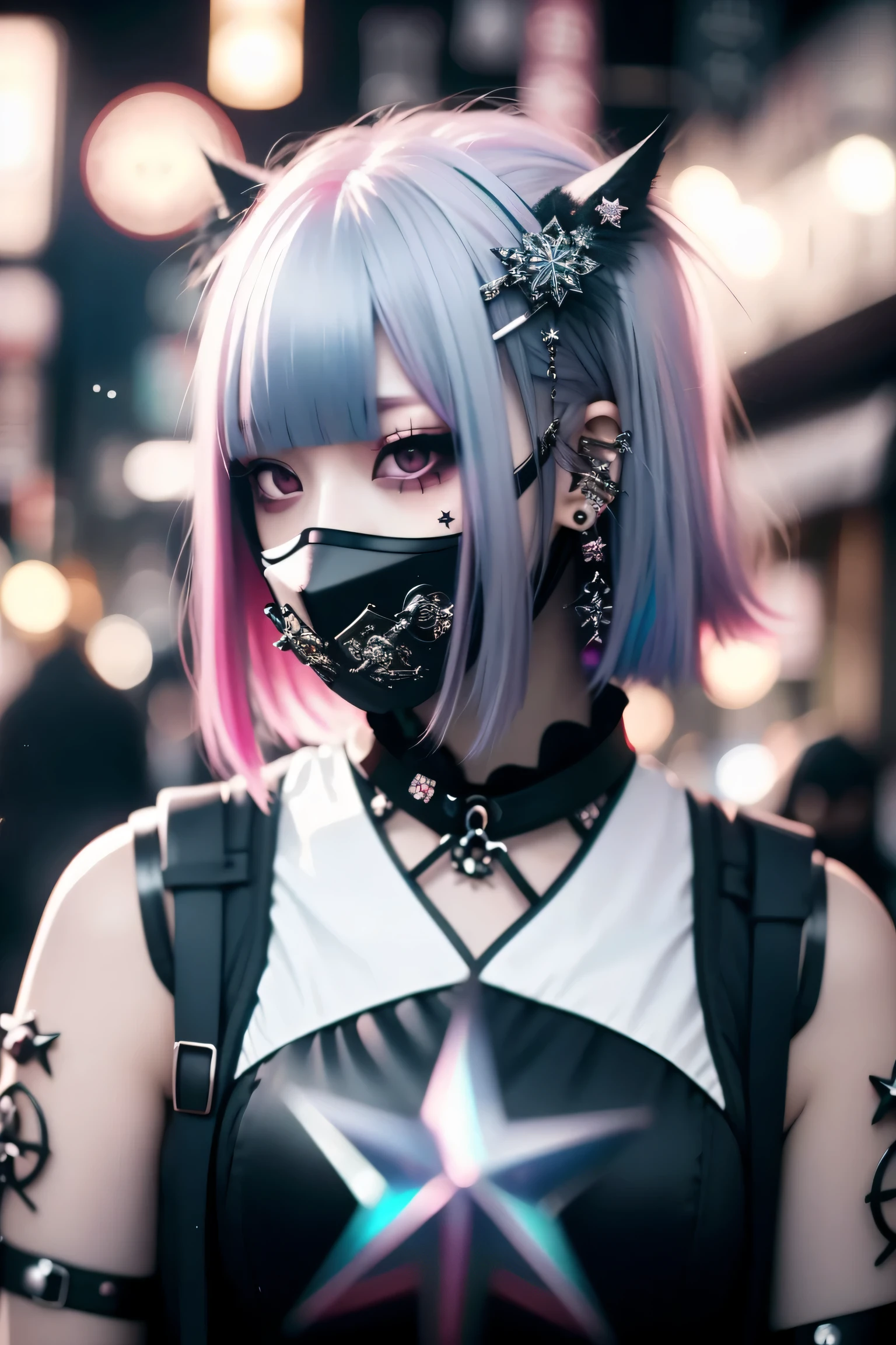 Redhead、Goth_punk, One Girl, alone, Medium Shot, Walking around Harajuku, ((at night)), Bokeh Depth of Field, Neon Light, Rainbow Eyes, Starry Sky, Red glowing hair, White eyebrows, Shiny Hair, (Iridescent white hair), Earrings, Bans, gem, BallGag, Blunt bangs, Veld's Eye, Mouth Ball Gag, Blurred background, Blurred, hair ornaments, Look at the viewers, short hair, Portraiture, Side Lock,((Sex Establishments, Soapland)),BDSM,((Women's Cheongsam Collar Short Sleeve Dress)),