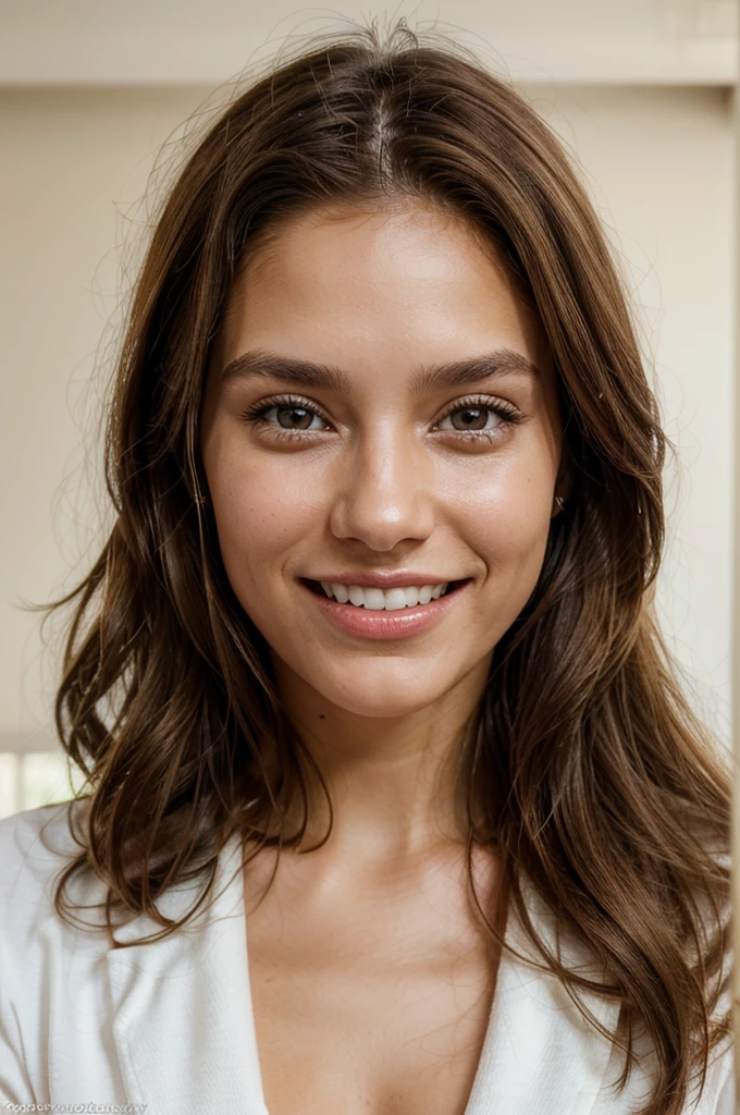 influencer style, photorealistic image, selfie image, beautiful girl, 26 years old, brown hair, front locks of hair slightly lighter, light brown eyes, classy, 4k, high resolution, high quality, dimples, small wrinkles to look like a real person, white skin, french-german, natural photo, smiling, perfect teeth, white teeth, straight teeth, tanned skin