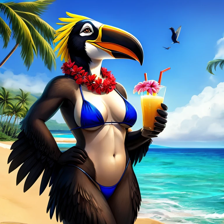 Solo female, toucan, avian, bird, curvy, black feathers, blue bikini bottom, topless, large flower lei, holding coconut drink, beach, Hawaiian, tropical, palm trees in background