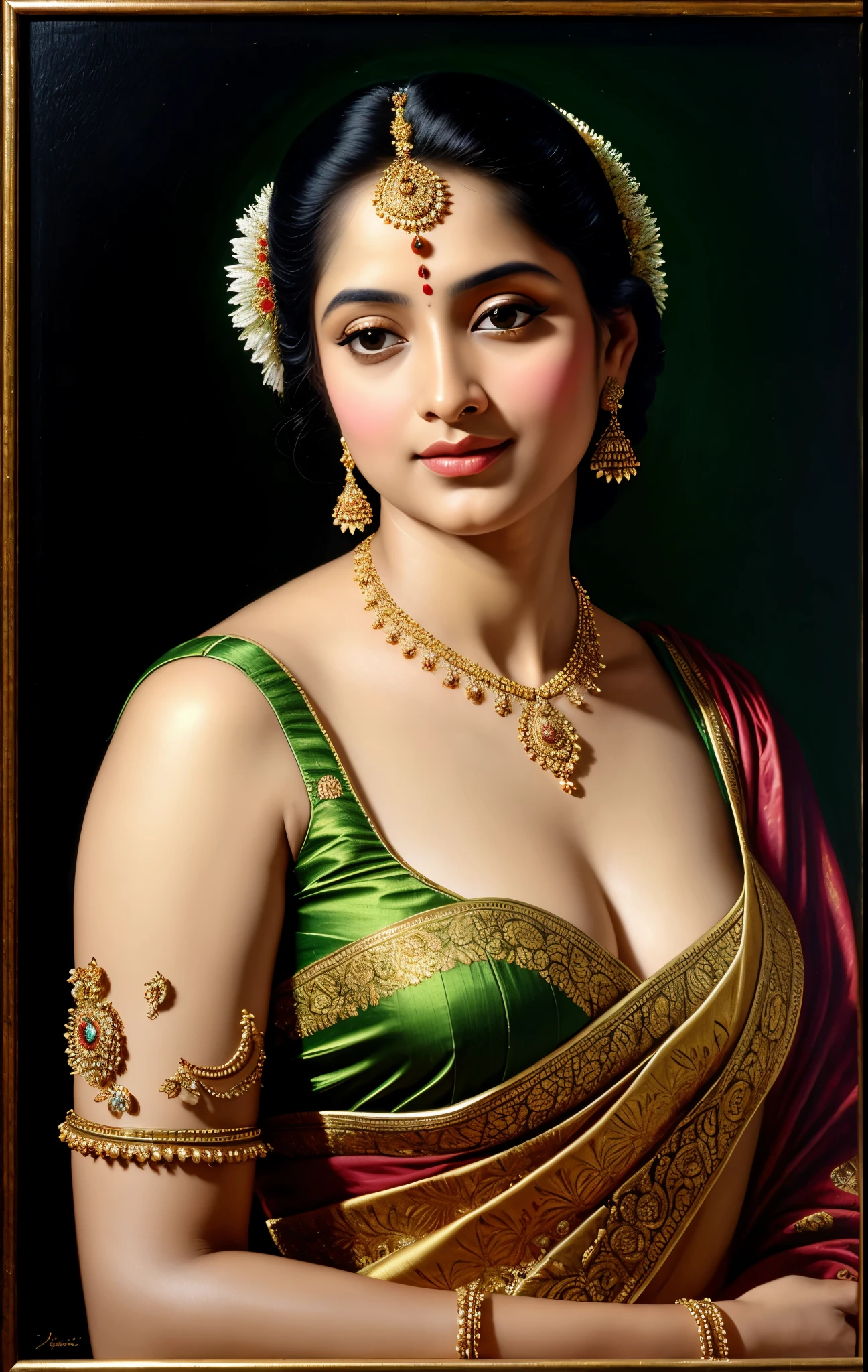 Beautiful Indian Woman, wearing saree, sari Beauty, gorgeous, Apsara, Maharani, royal queen woman, nymph from Hindu Mythology, Urvashi, matchless beauty, Highly detailed, Oil Painting by Peter Paul Rubens inspired by Raja Ravi Varma, Matchless beauty, captivating, gorgeous, heavenly beauty, celestial beauty, by Peter Paul Rubens, 13, realistic, hyper realistic, micro details, incredible artwork, insane details, ultra High resolution, 8k, 32k, acrylic on canvas, intricate, flawless, detailed, detailed face, detailed eyes, masterpiece, by Peter Paul Rubens, by Caravaggio, by William Adolphe bouguereau, perfect face, perfect body, beautiful art, realism, baroque, renaissance Art, highly textured, beautiful and detailed eyes, uhd, best quality,
