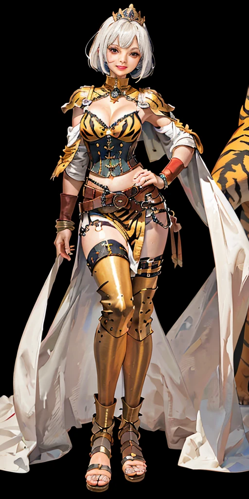 ((BLACK BACKGROUND 1:2, masterpiece)) 1solo female full body standing straight symmetrical with two long thighs and two metal sandals, red eyes like rubies, looking to the viewer, silver white hair, short bob style hair, big knockers breastplate, breastplate, cleavage, tiara royal, long cape up to two feet, yellow bikini (yellow tiger stripes), lustful smirking smiling, smile face (red blushed, red cheeks), pauldrons metal shoulders, gold sleeveless bracelets, separate sleeves, hands on waist hands OR hips, golden bracers, metal handcuffs, leather corset, red loincloth, black leather choker slave collar, shackles bracelets, slave red crest under navel, navel, big belt around waist OR hips, feet together, metal ankles