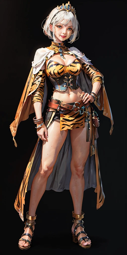 ((BLACK BACKGROUND 1:2, masterpiece)) 1solo female full body standing straight symmetrical with two long thighs and two metal sandals, red eyes like rubies, looking to the viewer, silver white hair, short bob style hair, big knockers breastplate, breastplate, cleavage, tiara royal, long cape up to two feet, yellow bikini (yellow tiger stripes), lustful smirking smiling, smile face (red blushed, red cheeks), pauldrons metal shoulders, gold sleeveless bracelets, separate sleeves, hands on waist hands OR hips, golden bracers, metal handcuffs, leather corset, red loincloth, black leather choker slave collar, shackles bracelets, slave red crest under navel, navel, big belt around waist OR hips, feet together, metal ankles