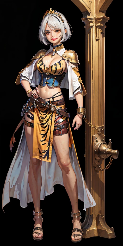 ((BLACK BACKGROUND 1:2, masterpiece)) 1solo female full body standing straight symmetrical with two long thighs and two metal sandals, red eyes like rubies, looking to the viewer, silver white hair, short bob style hair, big knockers breastplate, breastplate, cleavage, tiara royal, long cape up to two feet, yellow bikini (yellow tiger stripes), lustful smirking smiling, smile face (red blushed, red cheeks), pauldrons metal shoulders, gold sleeveless bracelets, separate sleeves, hands on waist hands OR hips, golden bracers, metal handcuffs, leather corset, red loincloth, black leather choker slave collar, shackles bracelets, slave red crest under navel, navel, big belt around waist OR hips, feet together, metal ankles