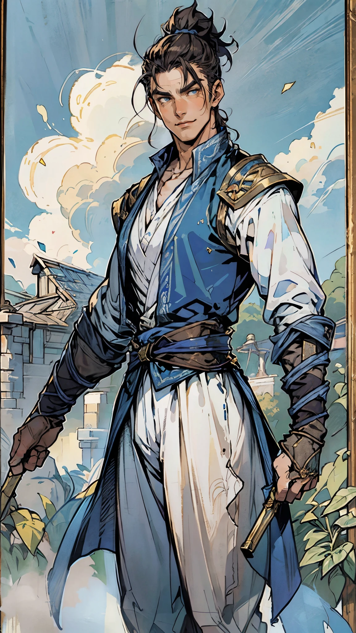 A man with short brown hair slicked back, topknot hairstyle, small center-parted fringe, deep eyes, straight eyebrows, long face, playful smile, a azure blue fantasy-style cloth vest jacket over a long-sleeved white undershirt, a black waistband, coarse cloth trousers the backdrop of a fantasy-style border outpost, this character embodies a finely crafted fantasy martial arts-style outpost worker in anime style, exquisite and mature manga art style, high definition, best quality, highres, ultra-detailed, ultra-fine painting, extremely delicate, professional, perfect body proportions, golden ratio, anatomically correct, symmetrical face, extremely detailed eyes and face, high quality eyes, creativity, RAW photo, UHD, 32k, Natural light, cinematic lighting, masterpiece-anatomy-perfect, masterpiece:1.5