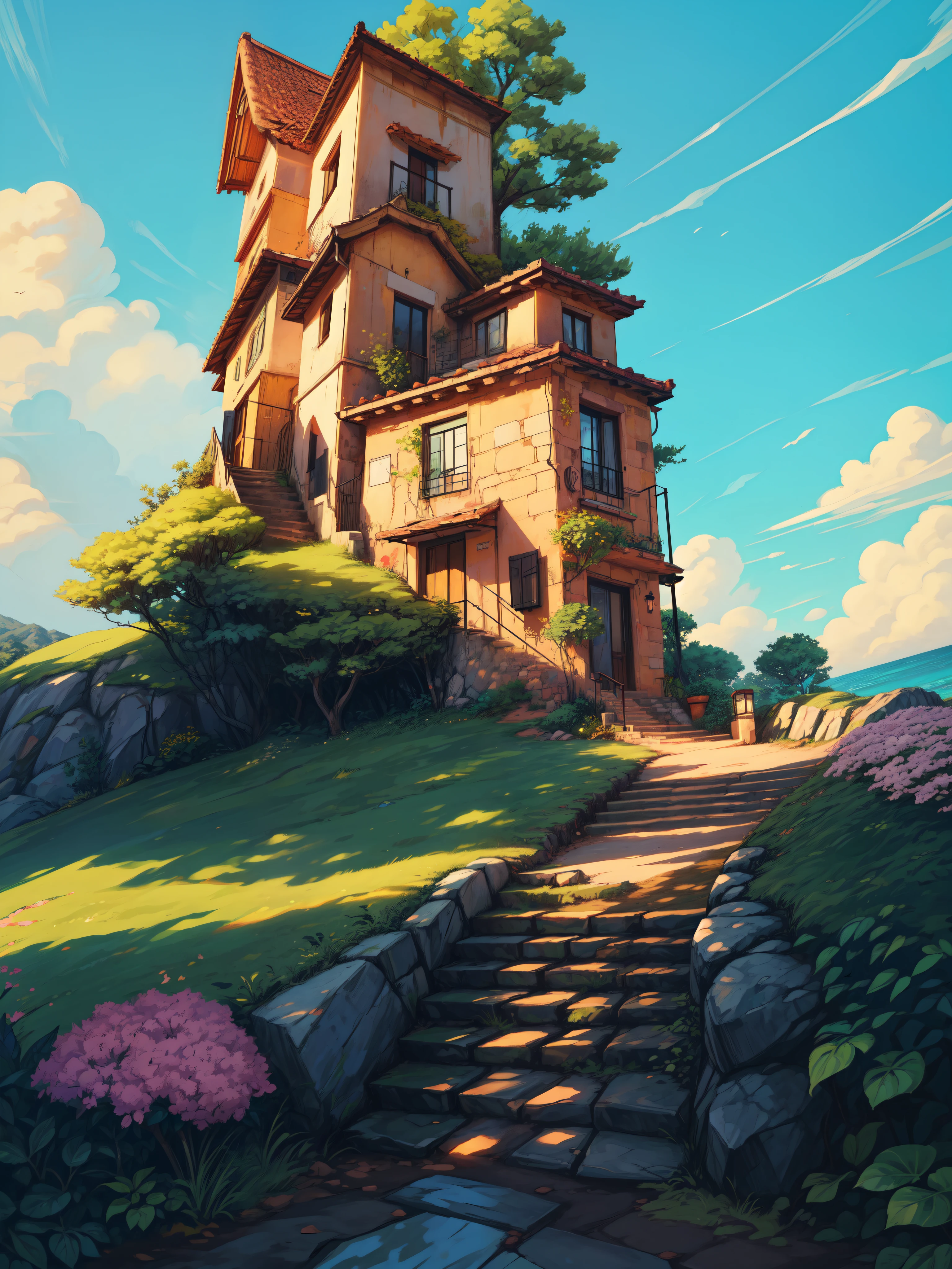 wide view, a beautiful cottage on a sandstone cliff, sea, bougainvillea flowers, stairs, day light, evening, yellow and green trees, blue cloudy sky, aesthetics, vibrant tones, scenery, beautiful ambience, 8k, bright volumetric light, peaceful scene, light shining on part of foliage, micro landscape, intrinsic details