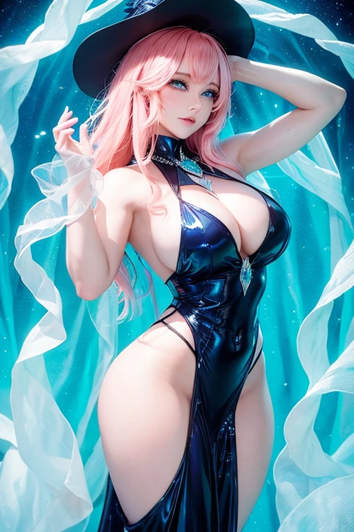 A vivid tableau unfolds, featuring a woman of formidable muscularity, her physique harmoniously combining both strength and grace. The focal point of her build is an understated bust, seamlessly flowing into her pronounced, voluptuously curvaceous hips. This transition is further accentuated by her plump posterior, which contrasts strikingly with her exceptionally slender waist, creating a silhouette that epitomizes a potent blend of power and femininity. Her visage is a masterpiece of delicate beauty, framed by luscious ginger curls that spill over her shoulders, cascading like a waterfall of fiery silk down her back. Her lips, a glossy pink, seem almost incandescent, while her deep blue eyes, reminiscent of the ocean's heart, sparkle with an intensity that is both captivating and enigmatic. Assuming a stance of readiness and poise, she wields a spear with effortless grace, as if it were an extension of her own will. She is arrayed in a distinctive armor, a long dress that appears woven from the very essence of nature—crafted from a translucent, green crystal that glimmers with an ethereal light, suggesting a connection to mystical forces. This magical attire is complemented by a sweeping black cape that whispers secrets of the night, and a white witch's hat that crowns her with an air of enigma and arcane wisdom. The envisioned scene is to be captured in an ultra-high definition that transcends the ordinary, with meticulous attention to pixelation and an unwavering commitment to facial detail perfection. The composition, centered and symmetrical, is designed to achieve a photorealistic quality that bridges the gap between imagination and reality. Set against a backdrop that promises 4K resolution, every nuance and texture of this enchanting portrait is poised to be revealed with unparalleled clarity and depth, inviting the viewer to lose themselves in a world where fantasy and verisimilitude converge.