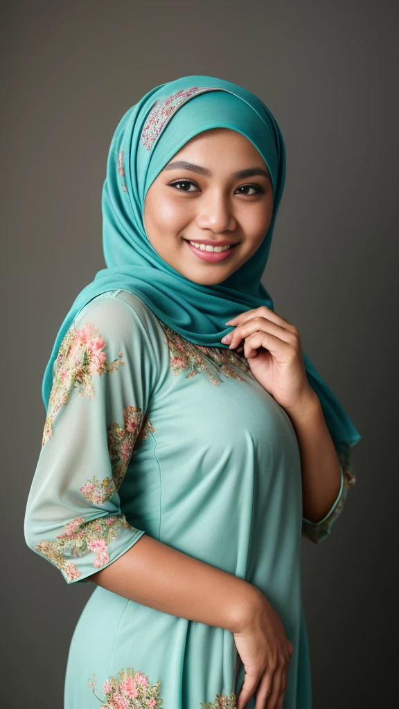 a photo portrait of a beautiful malay girl with turquoise hijab wearing floral turquoise color baju kurung and few freckles, (plain turquoise hijab), very big firm breast, white studio background, (medium shot portrait:1.3), dramatic light , smile, Rembrandt lighting scheme, (hyperrealism:1.2), (8K UHD:1.2), (photorealistic:1.2), shot with Canon EOS 5D Mark IV, detailed face, detailed skin texture, hari raya, eid mubarak,