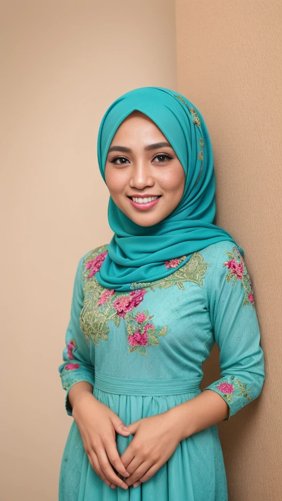 a photo portrait of a beautiful malay girl with turquoise hijab wearing floral turquoise color baju kurung and few freckles, (plain turquoise hijab), very big firm breast, white studio background, (medium shot portrait:1.3), dramatic light , smile, Rembrandt lighting scheme, (hyperrealism:1.2), (8K UHD:1.2), (photorealistic:1.2), shot with Canon EOS 5D Mark IV, detailed face, detailed skin texture, hari raya, eid mubarak,