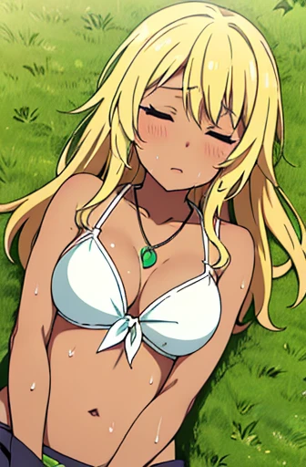 light dark skinned anime girl, dressed in a cute bikini top and flowy skirt, curled up in a peaceful slumber on a grassy hill, (her hand pressed against her stomach in discomfort), (long blonde hair), (necklace), (wet sweaty body)