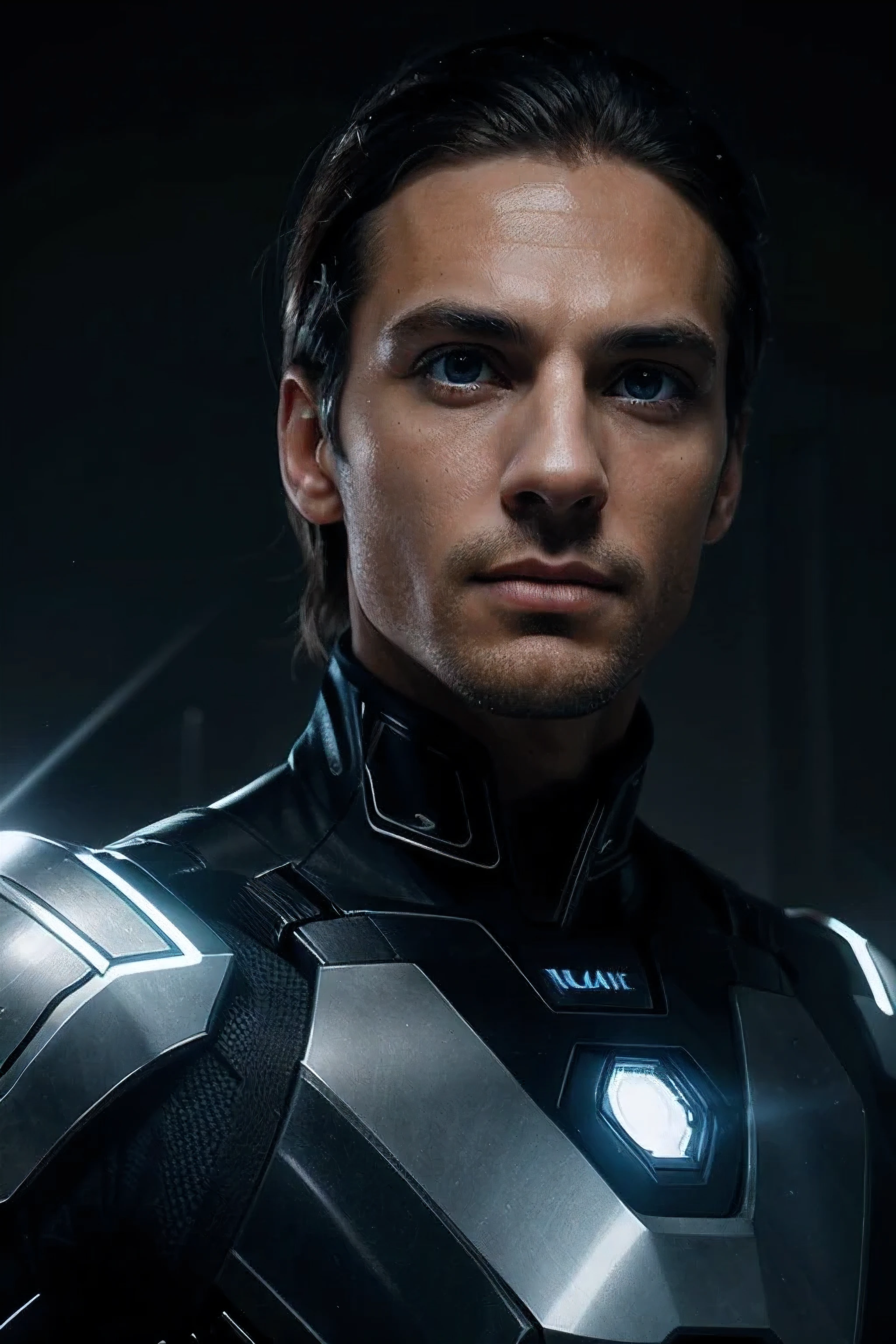 A handsome man with piercing blue eyes, chiseled jawline and effortlessly stylish appearance, Jamie Dornan, 1 man, photorealistic portrait, hyper detailed face, HDR, ultra-detailed, cinematic lighting, dramatic pose, futuristic cyberpunk city backdrop, glowing neon lights, moody color palette, dramatic shadows, intricate android/cyborg details, hyper realistic, masterpiece, award winning digital art