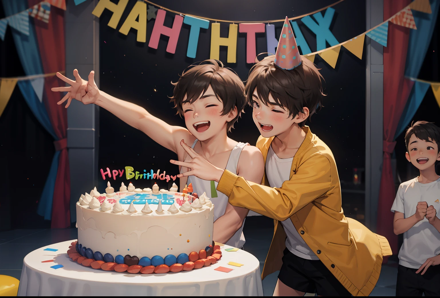 two  boys are dancing and laughing at a birthday party with all their friends 