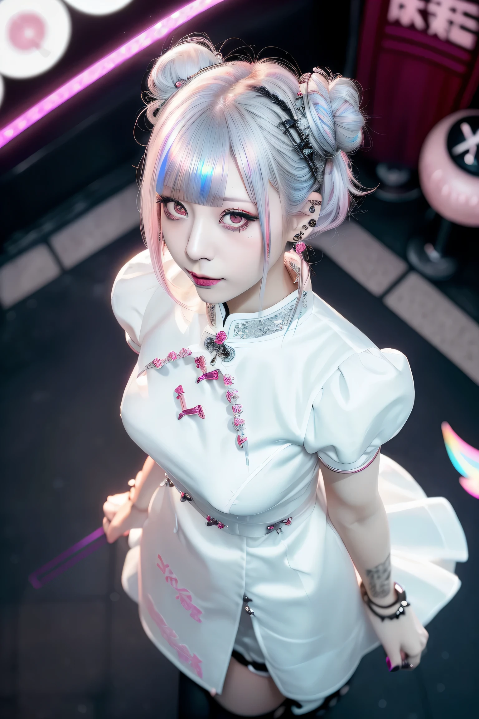 ((Redhead、Goth_punk, One Girl, alone, Medium Shot, Walking around Harajuku, ((at night)), Bokeh Depth of Field, Neon Light, Rainbow Eyes, Starry Sky, Red glowing hair, White eyebrows, Shiny Hair, (Iridescent white hair),Earrings, Buns, Jewelry, Dull Bangs, Veld Eyes, Blurred Blurred Background, Blurred, Hairpiece, Look at the Viewer, Short Hair, Portrait, Side Locks
BREAK ((sweden girl,white skin,white person)),,((Women's Cheongsam Collar Short Sleeve Dress)),
BREAK (gyaru:1.1),(Glamour:1. 3),(night),photo of a beautiful skinny woman (supermodel:1.3),
BREAK ((earrings, and rings),Cowboy Shot, ((tall person)),(android),((upturned eyes)),((Angle from above:1.3)),from above、Looking at camera,,((Sex Establishments, Soapland)),,((A thin, see-through))tight-fitting Underwear with straps)),((She was unaware that her nipples were showing through her Underwear set with stockings)),