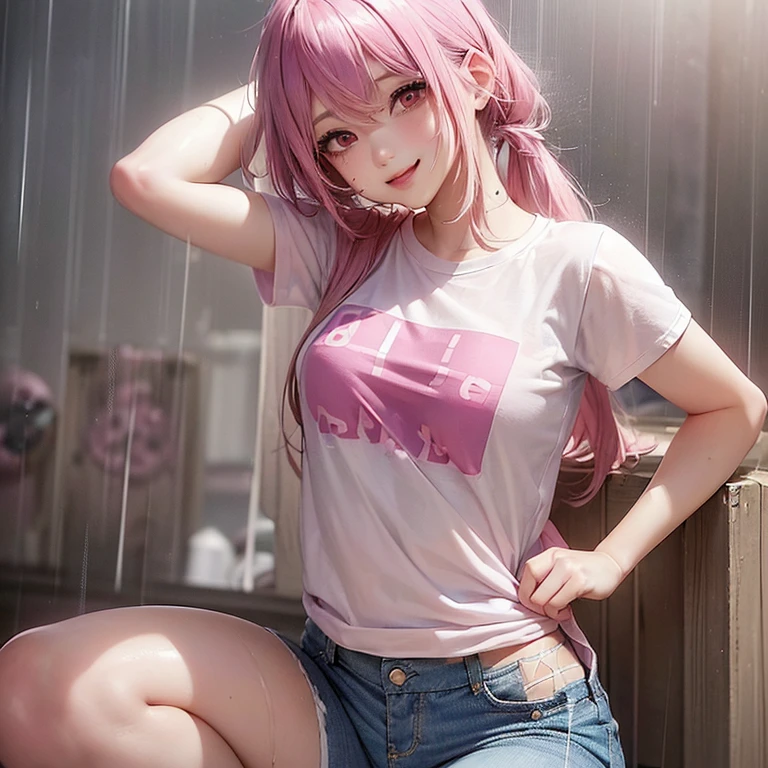 (1Girl, 18yo, ((messy bubblegum pink hair)), she are smiling, pink slutry eyes, (wearing ((sexy)) tight jeans and white t-shirt)), ((In a rain))