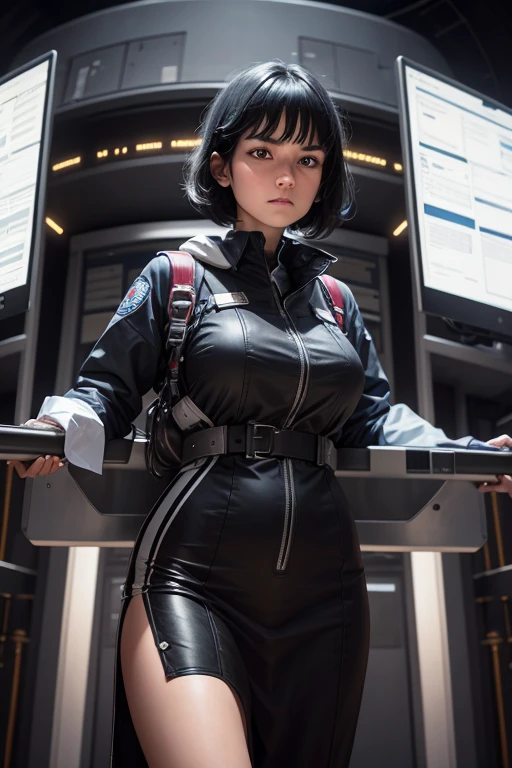 Technician dressed as a black-haired young woman with a serious expression, the background is a large scientific observatory with many large screens and staff