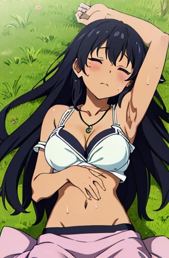 light dark skinned anime girl, dressed in a cute bikini top and flowy skirt, curled up in a peaceful slumber on a grassy hill, (her hand pressed against her stomach in discomfort), (long black hair), (necklace), (wet sweaty body)