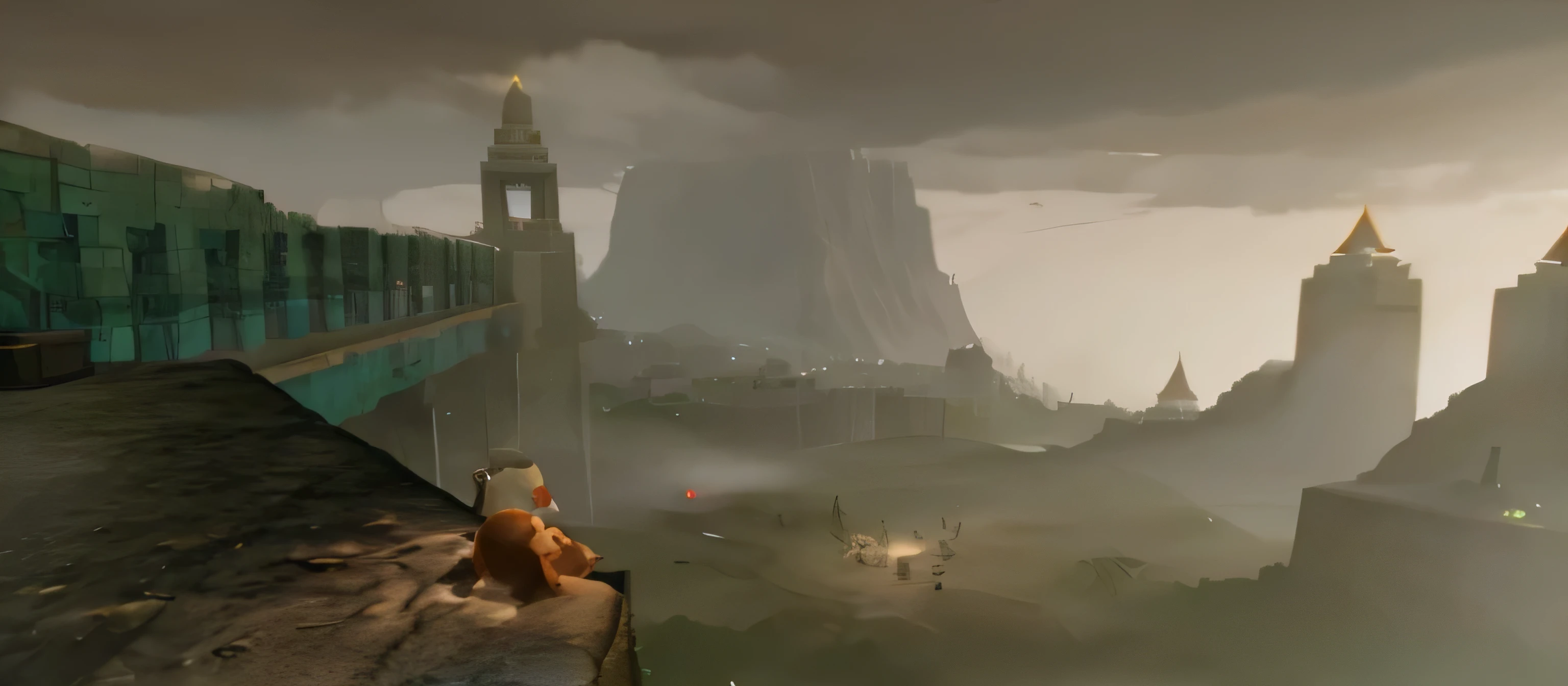 there is a man standing on a ledge in a city, journey thatgamecompany, glowing temple in the distance, ultra wide gameplay screenshot, screenshot from the game, video game screenshot>, mysterious temple setting, gameplay still, inspired by Goro Fujita, screenshot from game, pc screenshot, videogame screenshot, very atmospheric, cinematic level shot, gameplay screenshot