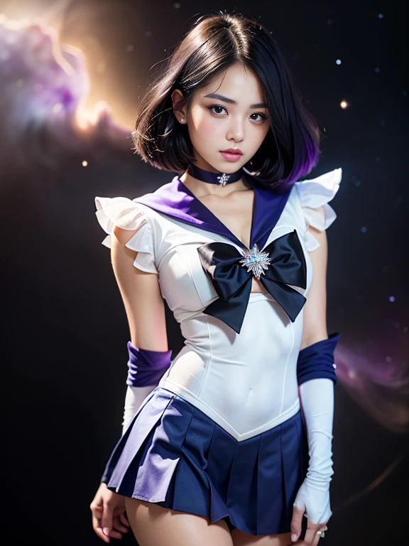 (masterpiece, best quality:1.4), (nebula background), (full body shot), (erotic pose:1.5), 1girl, solo, (european youth:1), sailor saturn, tiara, sailor senshi uniform, purple sailor collar, pleated skirt, elbow gloves, jewelry, brooch, choker, short black hair, (purple eyes:1.5), beautiful face, highly detailed face, highly detailed eyes, highly detailed skin, skin pores, subsurface scattering, realistic pupils, full face blush, full lips, detailed background, depth of field, volumetric lighting, sharp focus, absurdres, realistic proportions, good anatomy, (realistic, hyperrealistic:1.4), 16k hdr,