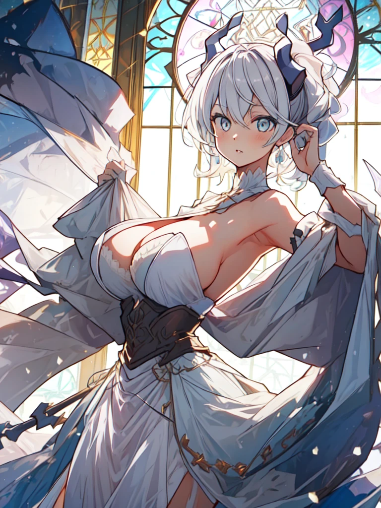One girl, labrynth, Silver Hair, Grey Eyes, big breasts, horn, Cleavage, silver castle, Exquisite, blush, Nervous,Cowboy Shot, ,High quality generation of dark female characters, Unreasonable,Her figure is terribly beautiful, Emphasizing the dark and crazy elements. Skillfully expressing the effects of light and shadow, detailed, The face and expression are carefully drawn.., Artistic elements add depth to the work, With a unique artistic touch. This film is visually stimulating and aesthetically pleasing.,sketch (Character design sheet, same characters, whole body, Three-View, front, ~ ~ side, return), alone,Stained glass background,