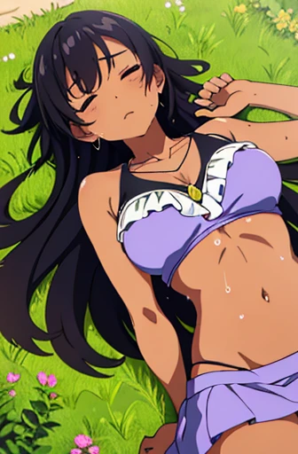 (detailed background), (masterpiece), (4k), (best quality), light dark skinned anime girl, dressed in a cute bikini top and flowy skirt, curled up in a peaceful slumber on a grassy hill, (her hand pressed against her stomach in discomfort), (long black hair), (necklace), (wet sweaty body)