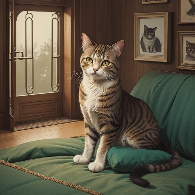 Create a vintage-style illustration of a cat. Use um tom alegre.