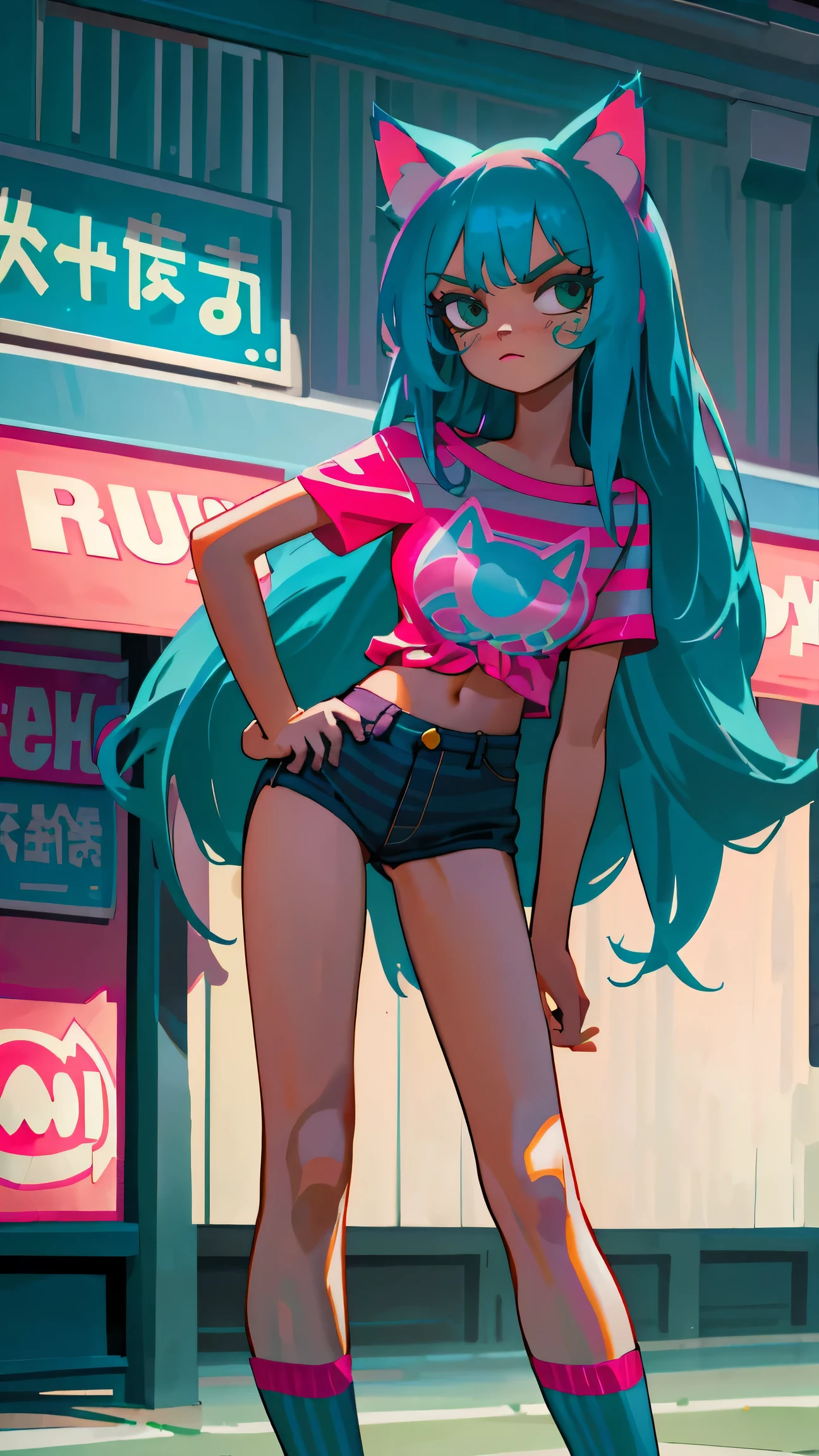 Masterpiece, best quality, high resolution, 1 woman, Long blue hair with pink stripes, smooth, green eyes, Bored face , cat ears , pink t-shirt , black bikini , abdomen, big breasts , Long legs , stand on your hips , canvas shoes , convenience store