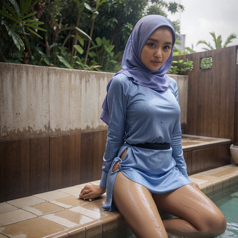 cute malay hijab girl, sexy, steamy, very wet, skirt, towel, baju kurung