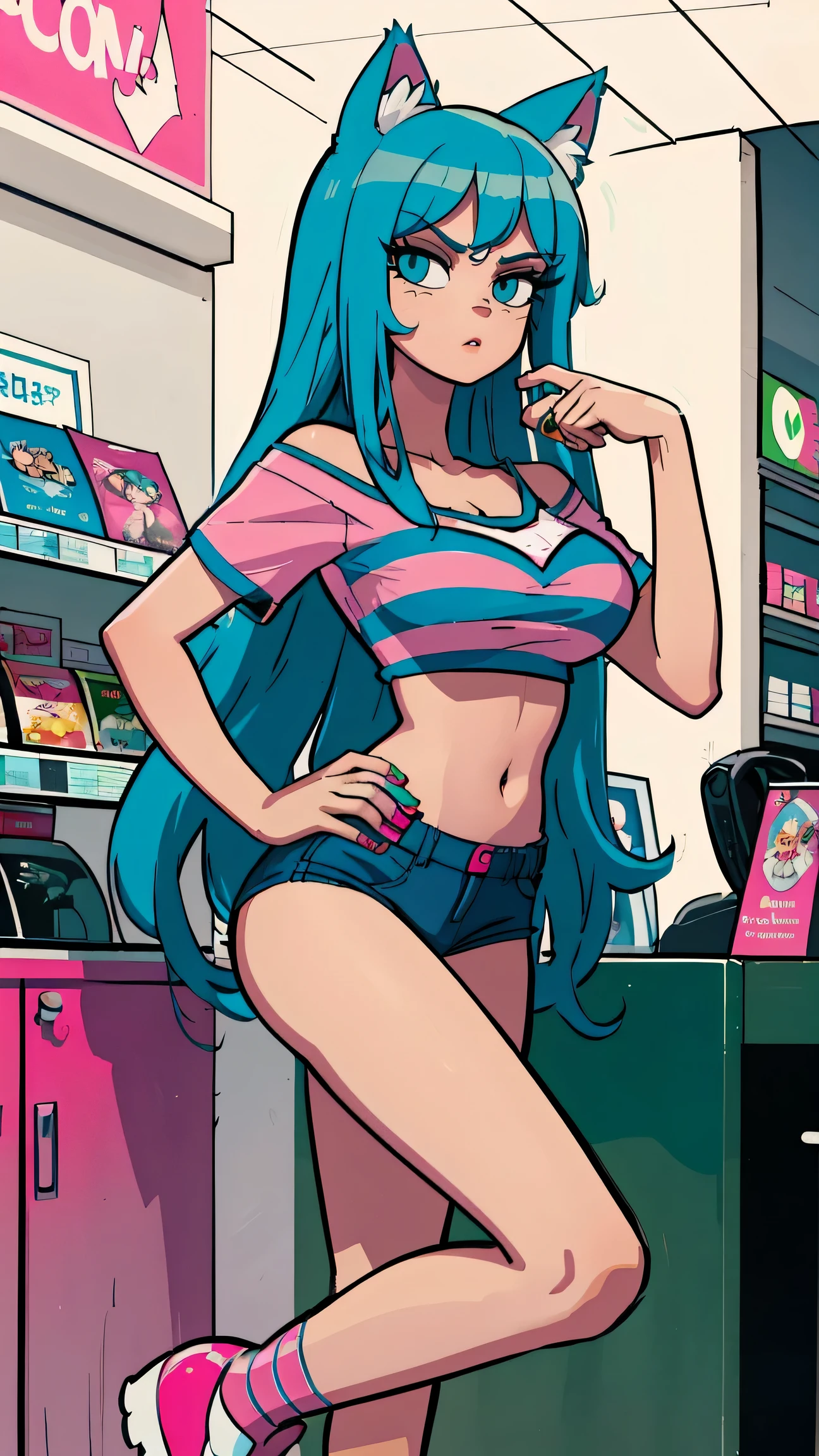 Masterpiece, best quality, high resolution, 1 woman, Long blue hair with pink stripes, smooth, green eyes, Bored face , cat ears , pink t-shirt , black bikini , abdomen, big breasts , Long legs , stand on your hips , canvas shoes , convenience store