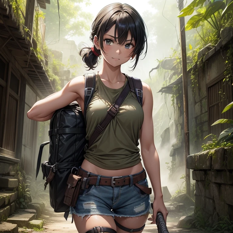 Tank top, Shorts, Black hair, (ancient ruin:1.1),Adventurous woman, (trap:1.1), Pistol holder on the thigh, Khaki backpack, hair tied, dense woods, subtropical, machete, Treasure Hunter, Fuji Film, F/1.2, (16 K, 8K, awardwinning, Best Quality, hight resolution, high details, Super Detail, Anatomically correct, Textured skin, masutepiece:1.4, nffsw),Whole body mud stains,Rugged look,caves,Treasure Bag,Multifunction watch,(Feeling nervous and elated:1.2),A scene from an action movie