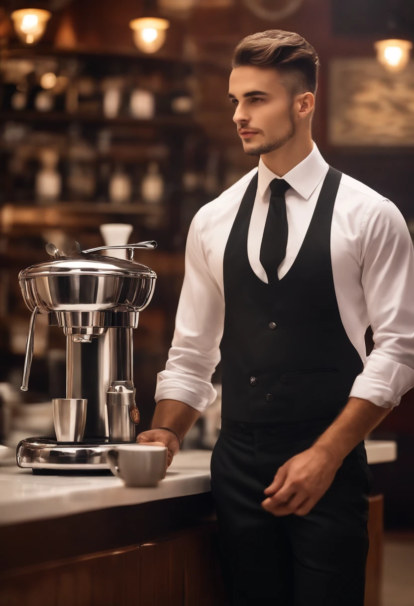 (melhor qualidade,ultra-detalhado,realista,high resolution:1.2),young waiter with straightened flags,illustration,fundo escuro,flawless white shirt,profissional,confiante,sorridente,gravata borboleta preta,avental preto longo,black pants,classic leather shoes,Cabelo bem cuidado,modern cafe atmosphere,clean and tidy counter,shiny stainless steel espresso machine,clientes desfocados em segundo plano,soft, warm lighting,cores vivas,depth of field focus on waiter,oil painting artistic style,pinceladas sutis,emphasizing the waiter&#39;s facial features,impressionantes olhos azuis,Nariz fino,pink lips.