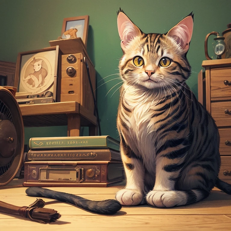 Create a vintage-style illustration of a cat. Use um tom alegre.