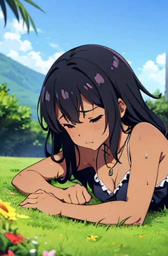 (detailed background), (masterpiece), (4k), (best quality), light dark skinned anime girl, dressed in a cute bikini top and flowy skirt, curled up in a peaceful slumber on a grassy hill, (her hand pressed against her stomach in discomfort), (long black hair), (necklace), (wet sweaty body)