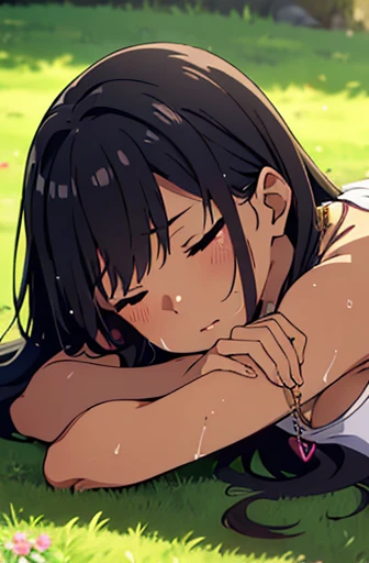 (detailed background), (masterpiece), (4k), (best quality), light dark skinned anime girl, dressed in a cute bikini top and flowy skirt, curled up in a peaceful slumber on a grassy hill, (her hand pressed against her stomach in discomfort), (long black hair), (necklace), (wet sweaty body)