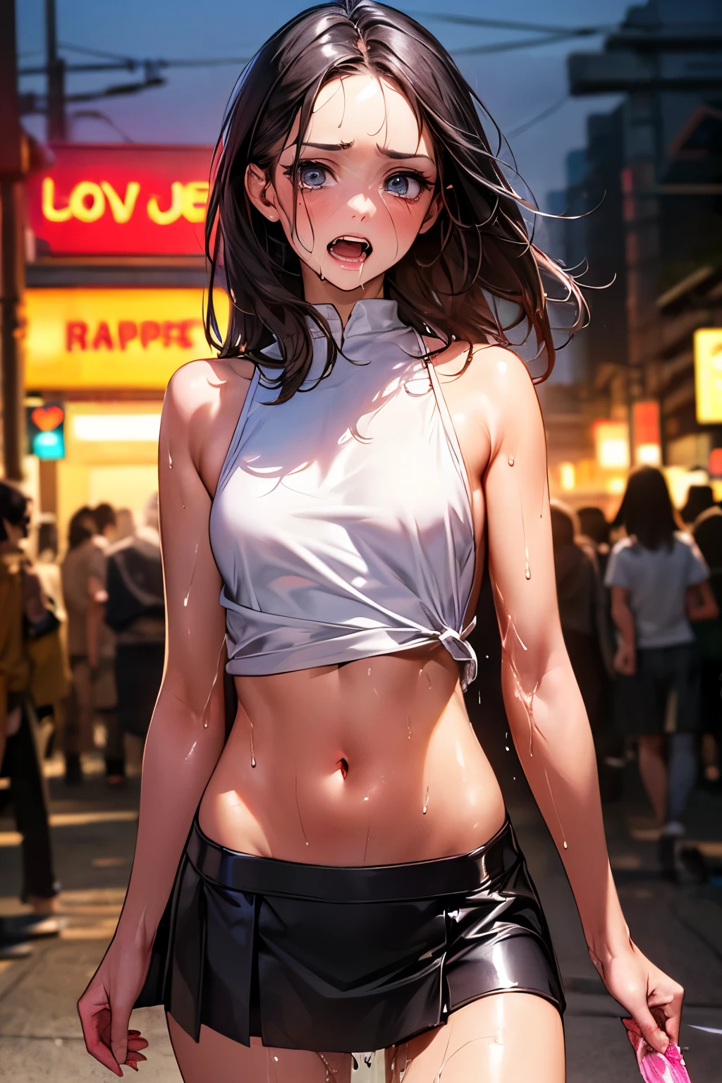 nsfw,((after rape:1.3)),((perfect anatomy,realistic:1.3,RAW Photography:1.3,masterpiece、highest quality、Ultra - High resolution、High resolution、Highly detailed CG、8K)),cowboy shot,1 female,solo、High school girl swordsman、18 year old beautiful girl,Japanese,((beautiful detailed face and eyes:1.3,big gorgeous eyes:1.5,gray eyes,open mouth,tears,drooling)),black hair,long bob hair,(center parted hair,forehead),(medium breasts,slender body:1.3,small head:1.4,skinny),((oily skin)),(gleaming skin,shiny skin,sweat:1.5),(Sexy Outfits、Street fashion、Micro Mini Skirt,Bare legs,navel),((Love juice:1.6)),standingspread legs:1.5,on street,Neon lights、at night、Tokyo、