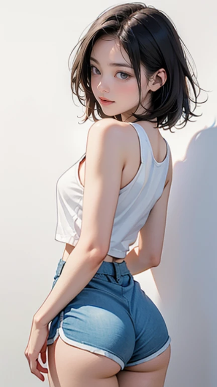 8k, RAW Photos, highest quality, masterpiece, Realistic, Photorealistic, (1 Ultimate beauty), middle aged, Highly detailed face, (Perfect Teeth), Detailed eyes, double eyelid, eyelash, Grin, Lip details, brunette bob, Big Breasts, (White tank top), ((Dolphin Shorts)), Cowboy Shot, Koen-dori in Tokyo, Soft Light, ((Written boundary depth)) 

Proceed with caution，((Japan ****************)), (((slim, Narrow waist, Thin thighs, Thin arms))), (((Rear View, Realistic buttocks, Small Ass, retrospective diagram)))