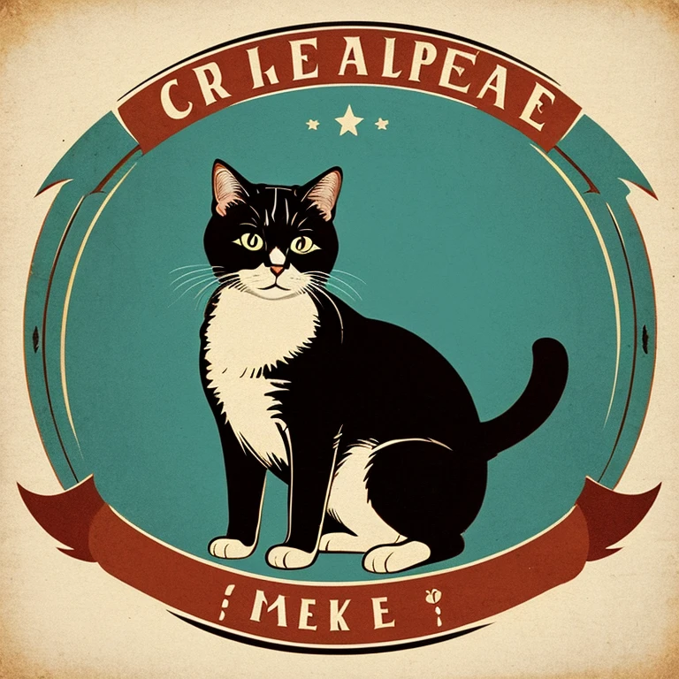 Create a vintage-style illustration of a cat. Use um tom alegre.