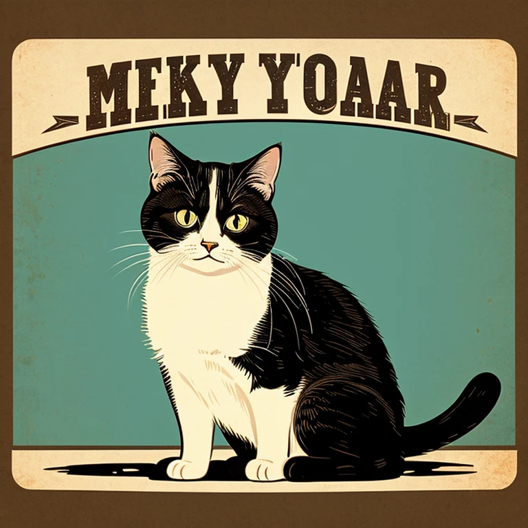 Create a vintage-style illustration of a cat. Use um tom alegre.
