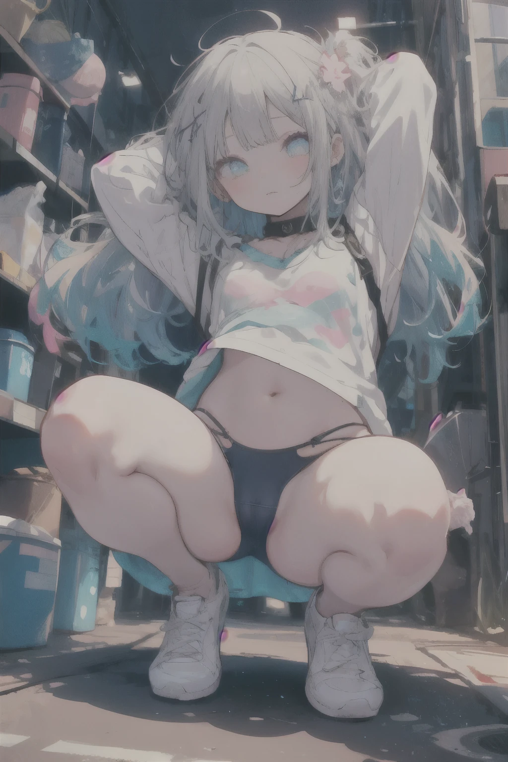 pussy juice stain,nipples visible through clothes,restrained,cameltoe,skindantation,Impasto,1girl in the distance,very long shot,from bellow,extremely detailed 8k wallpaper,anime movie style,beautiful detailed eyes,perfect anatomy,down town,caustics,fisheye lens,full body,white hair,intricately detailed,collar,navel,squatting,arms behind head,ahegao