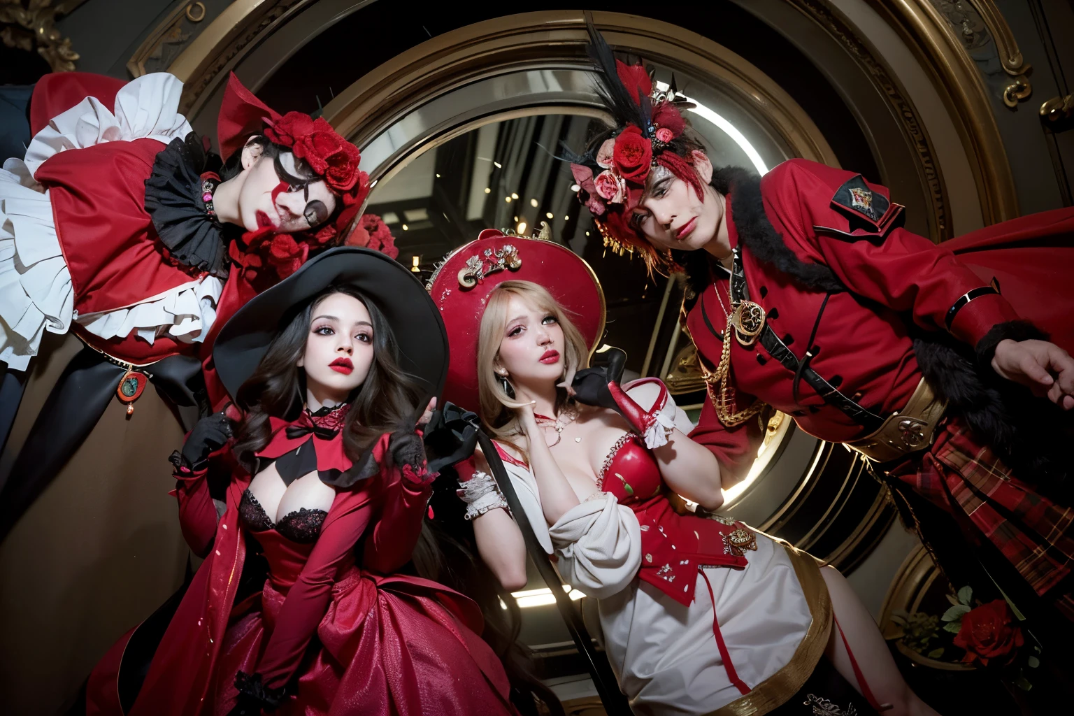 (Best quality, 8k, 32k, Masterpiece, UHD:1.2) Transform the scene into the chaotic yet vibrant Hazbin Hotel from the Hazbin Hotel series. Envision a grand and opulent lobby adorned with luxurious furnishings and extravagant decor, juxtaposed with a hint of sinister undertones. Capture the eclectic mix of colorful characters bustling about, each with their own unique quirks and personalities. Incorporate the whimsical yet eerie atmosphere of the hotel, with flickering lights and mysterious shadows adding to the sense of intrigue. Infuse the scene with the larger-than-life energy of the denizens of Hell as they navigate the twisted corridors and dark secrets of the Hazbin Hotel.