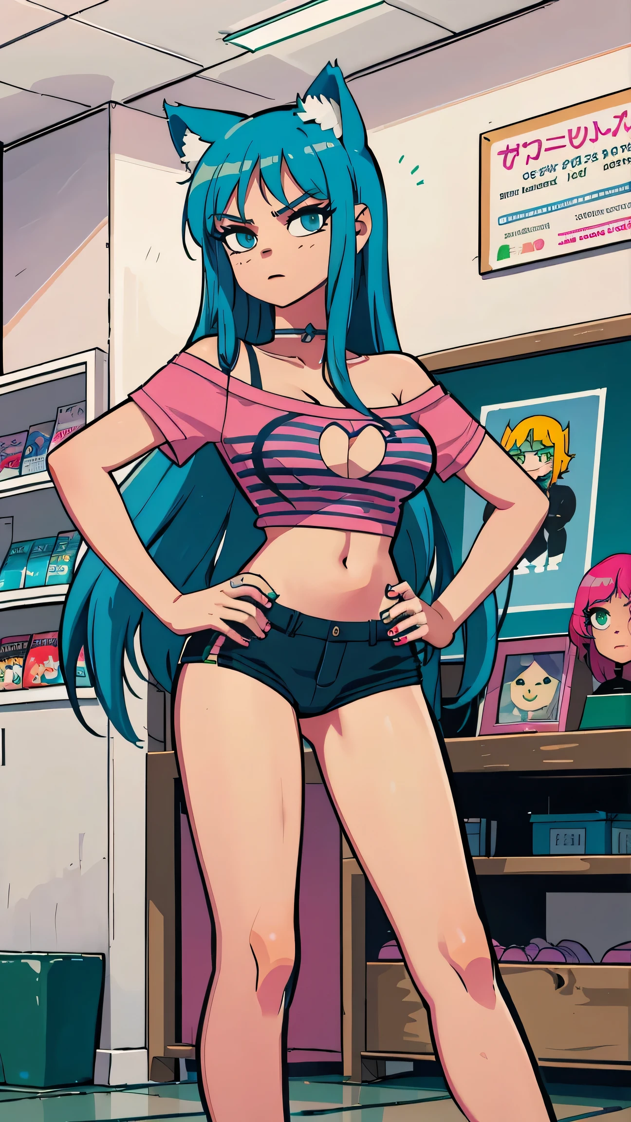 Masterpiece, best quality, high resolution, 1 woman, Long blue hair with pink stripes, smooth, green eyes, Bored face , cat ears , pink t-shirt , black bikini , abdomen, big breasts , Long legs , hands on hips , canvas shoes , convenience store