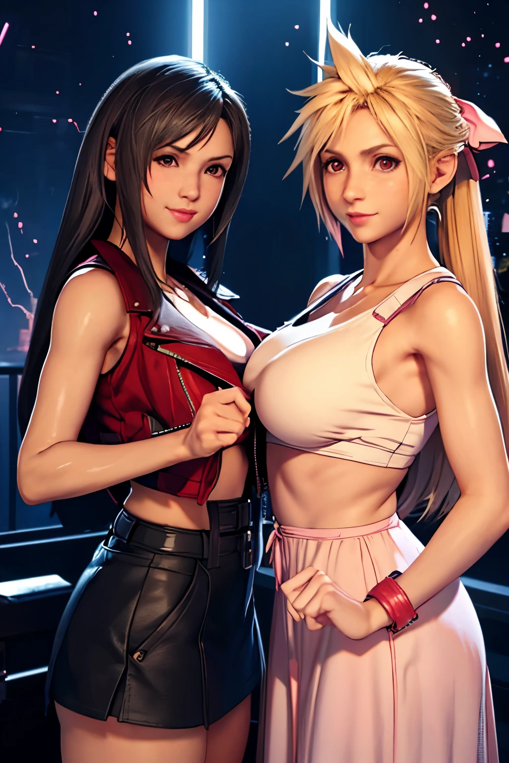 (masterpiece), (high quality), (realistic 1.5), (2 girls),  female Cloud Strife wearing white sleeveless top and black skirt,Tifa Lockhart waring long pink dress and red jacket and pink ribbon, super big breasts, sexy pose, mischievous smile, soft lightning, looking at viewer, keeping eye contact, precise hands