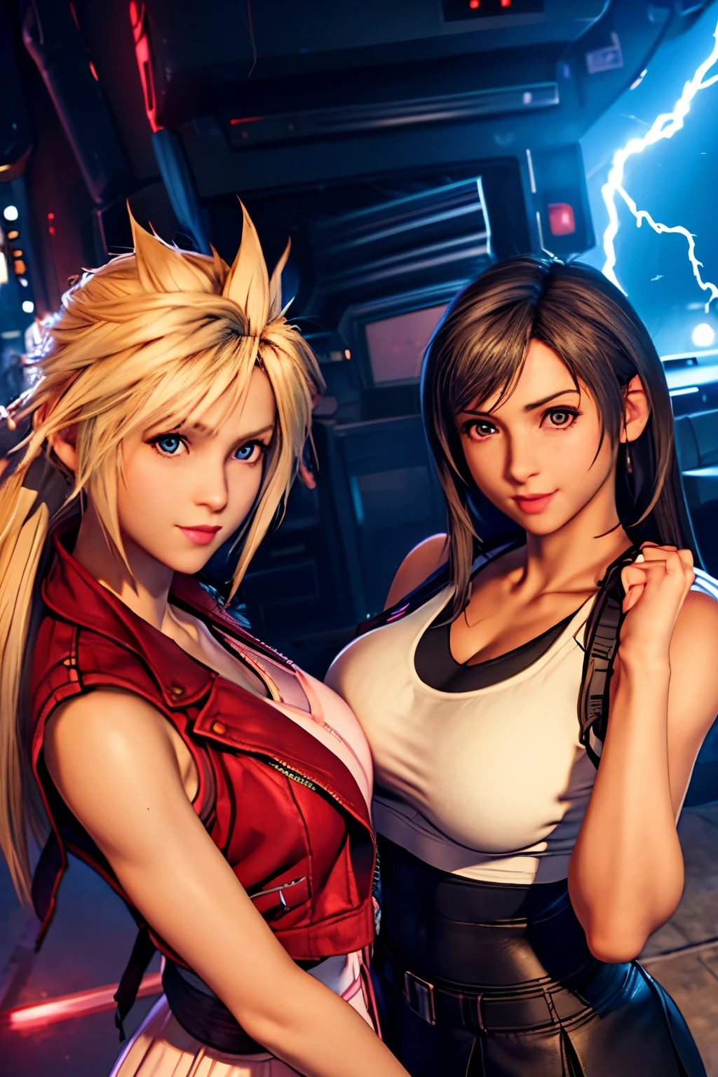 (masterpiece), (high quality), (realistic 1.5), (2 girls), female Cloud Strife wearing white sleeveless top and black skirt,Tifa Lockhart waring long pink dress and red jacket and pink ribbon, super big breasts, sexy pose, mischievous smile, soft lightning, looking at viewer, keeping eye contact, precise hands